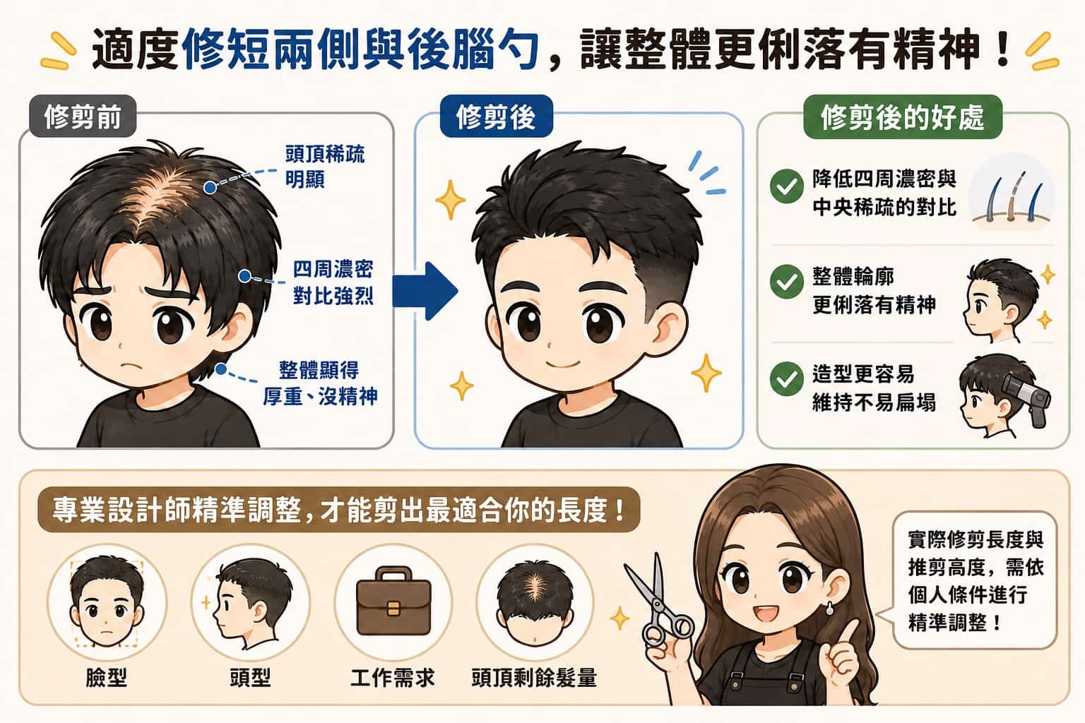 將兩側修短,降低頭頂髮量落差