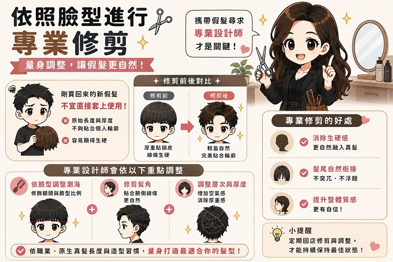 男生假髮依照臉型進行專業修剪