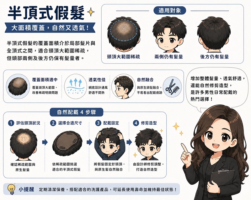 男生假髮類型2:半頂式假髮