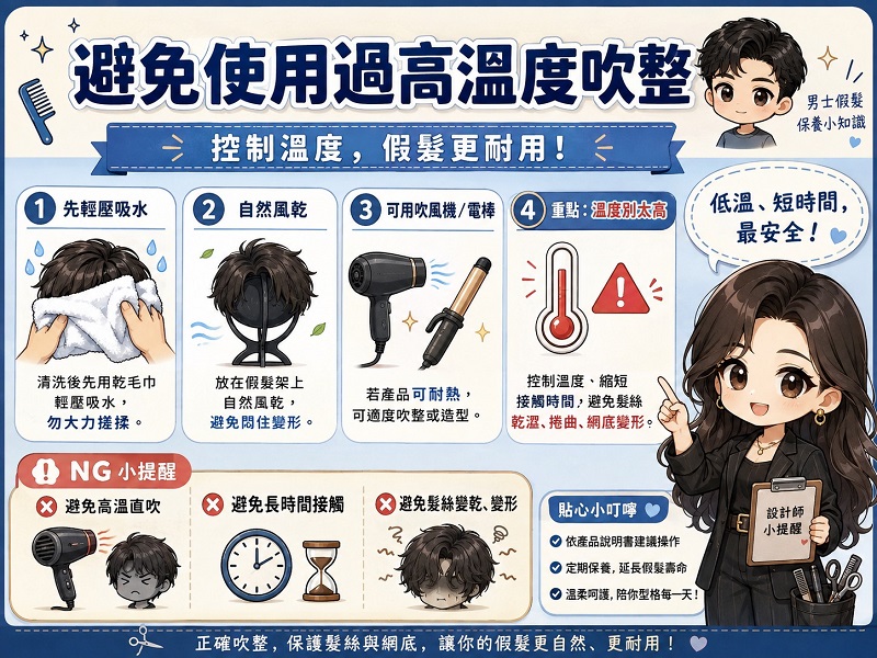 避免使用過高溫度吹整男生假髮