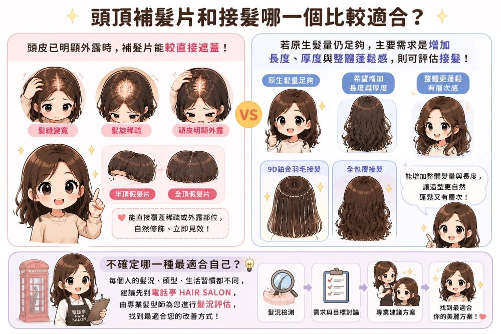 頭頂補髮片和接髮哪一個比較適合？